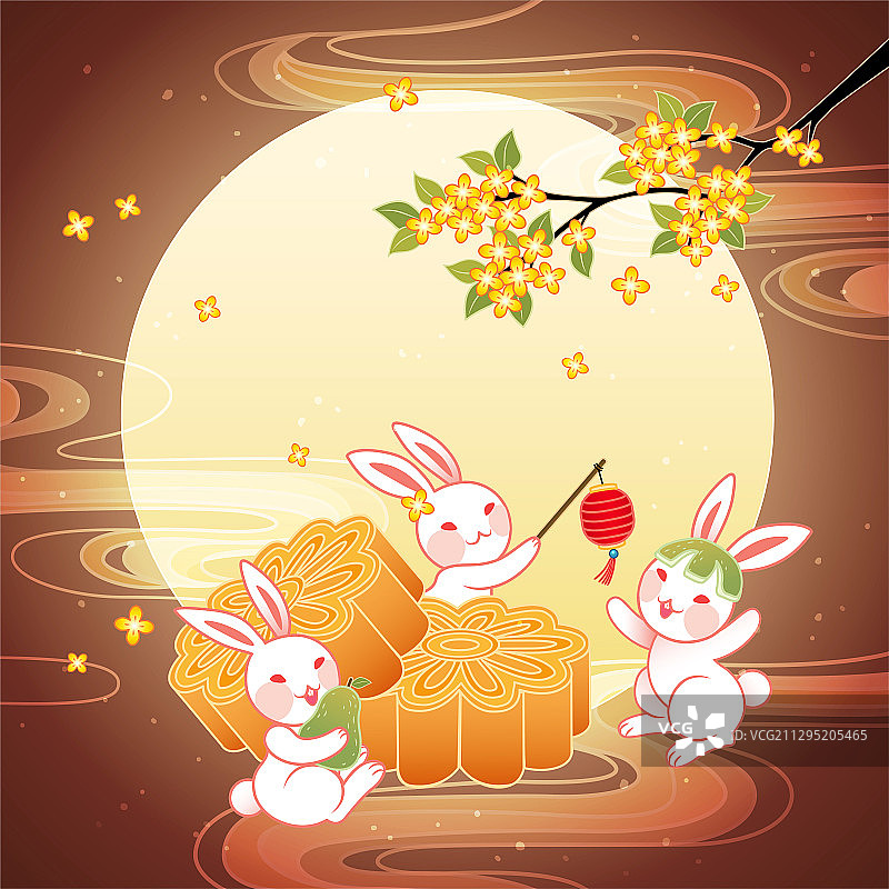 中秋满月玉兔吃月饼插图图片素材
