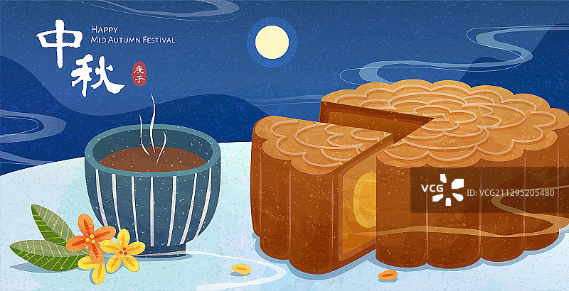 中秋美味月饼及热茶横幅插图图片素材
