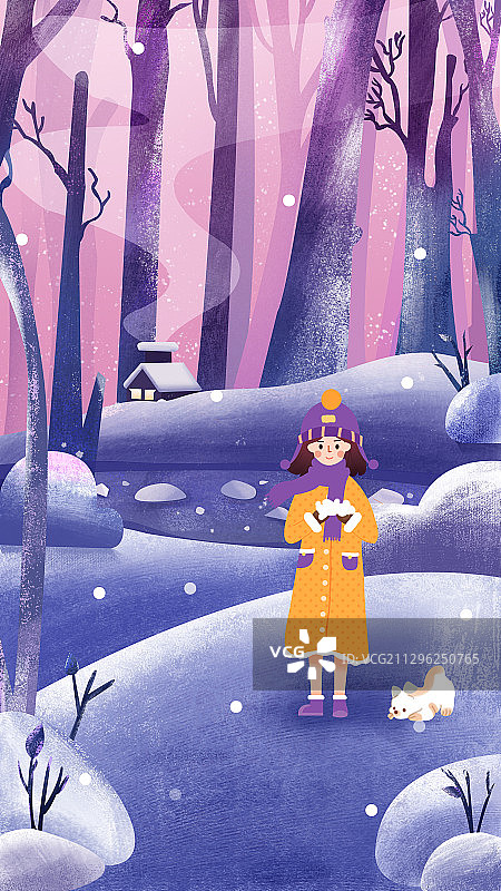 插画节气季节女孩冬天雪花户外河流结冰寒冷路图片素材