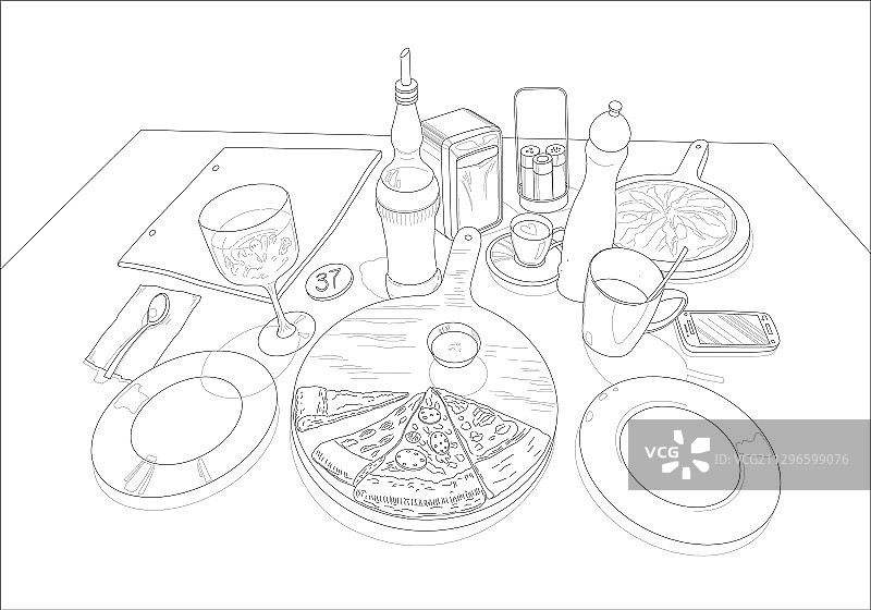 披萨在桌子上的线形图图片素材