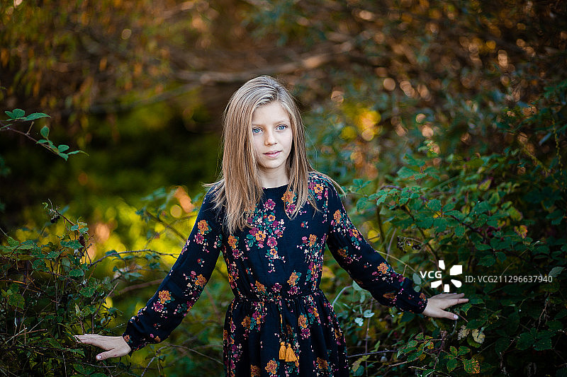 灌木丛里少女的肖像图片素材
