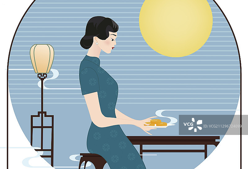 穿旗袍的中国女人端着月饼的中秋节插画图片素材