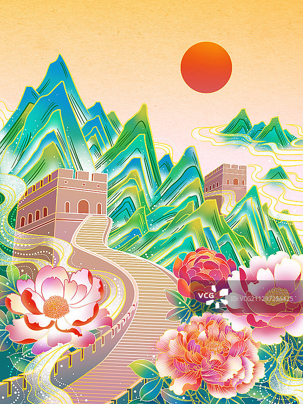 国庆节中秋节国风山水建筑插画图片素材