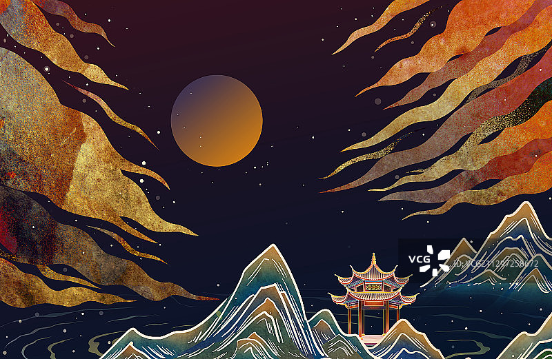 中秋节中国风山水凉亭月亮插画图片素材