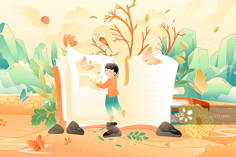 卡通儿童教育学习文学读物开学季新学期秋季自然风景矢量插画图片素材