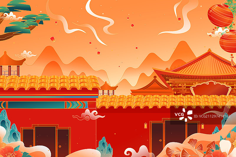 卡通古城风景城楼景观古城建筑自然城市风光中国风国潮矢量插画图片素材