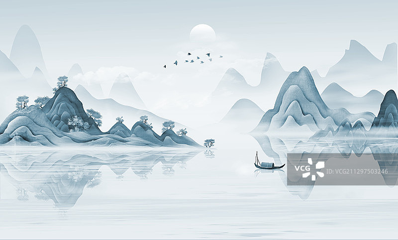 手绘中国风意境蓝色抽象山水风景画图片素材