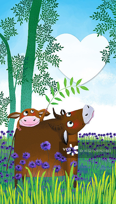 牛年牛插画-舔犊情深系列大牛和小牛图片素材