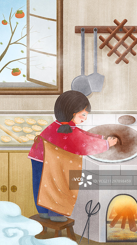 小女孩煮饺子中国风节气插画图片素材
