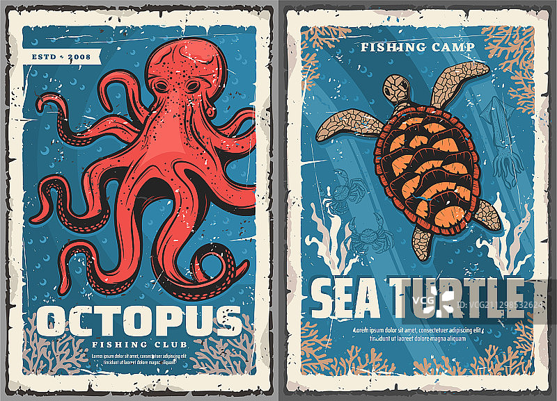 章鱼、海龟、鱿鱼、蟹的钓鱼海报图片素材