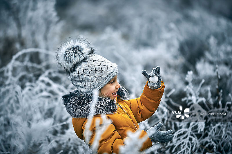 塞尔维亚苏博蒂卡，树丛中玩雪的男孩图片素材