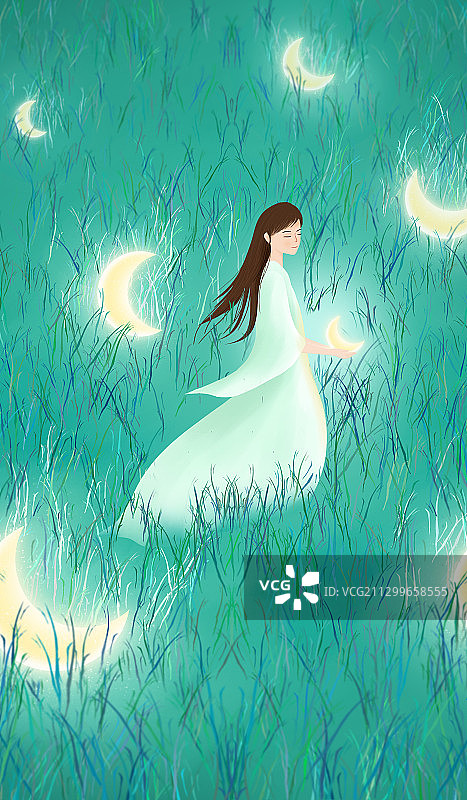 草地上捧着月亮的少女插画图片素材