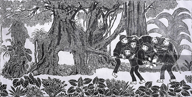 黑白木刻版画《密林深处》图片素材