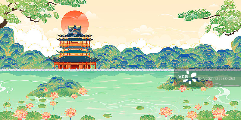 苏州阳澄湖的美丽风景矢量插画图片素材