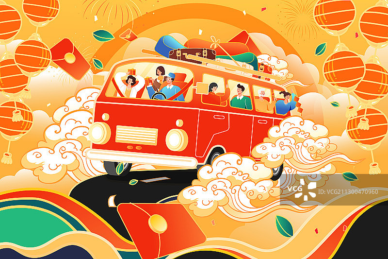 卡通新年春节牛年大吉春运回家过年家人团圆电商中国风矢量插画图片素材