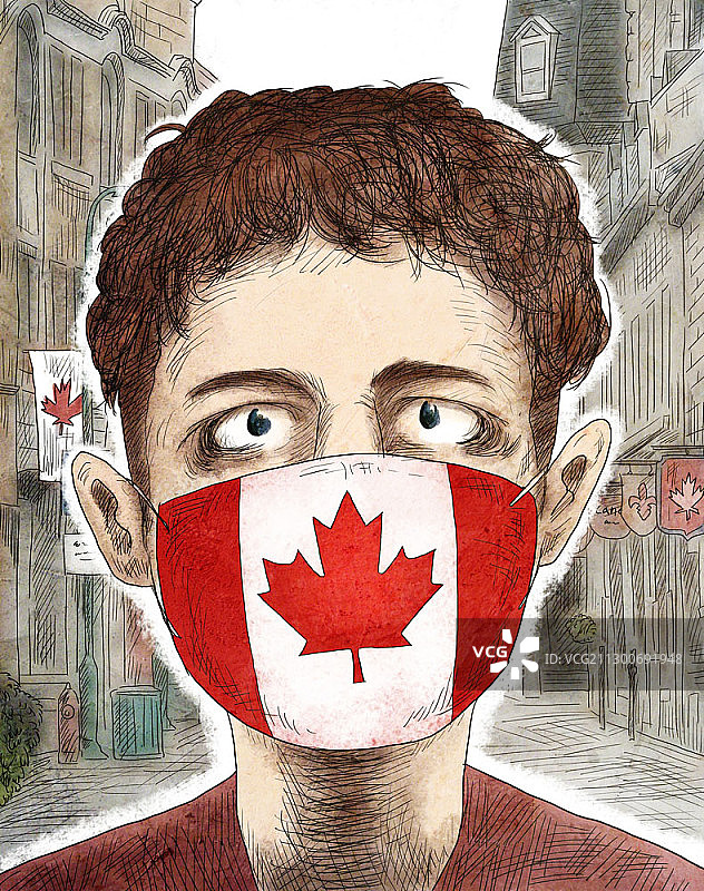 卡通风格插图的人戴着面具与国旗的加拿大图片素材