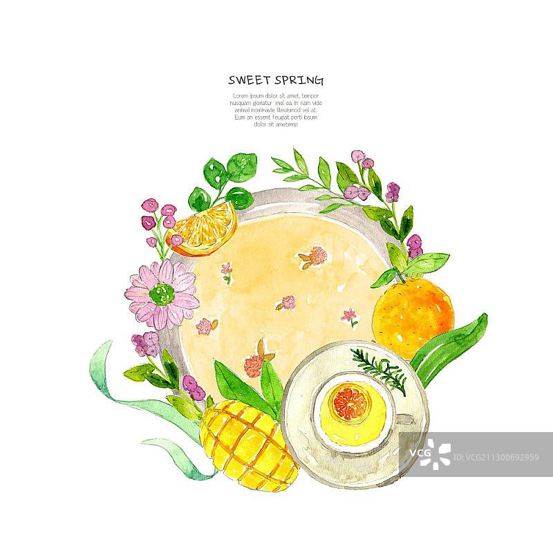 芒果橙子和春天的花朵插图图片素材
