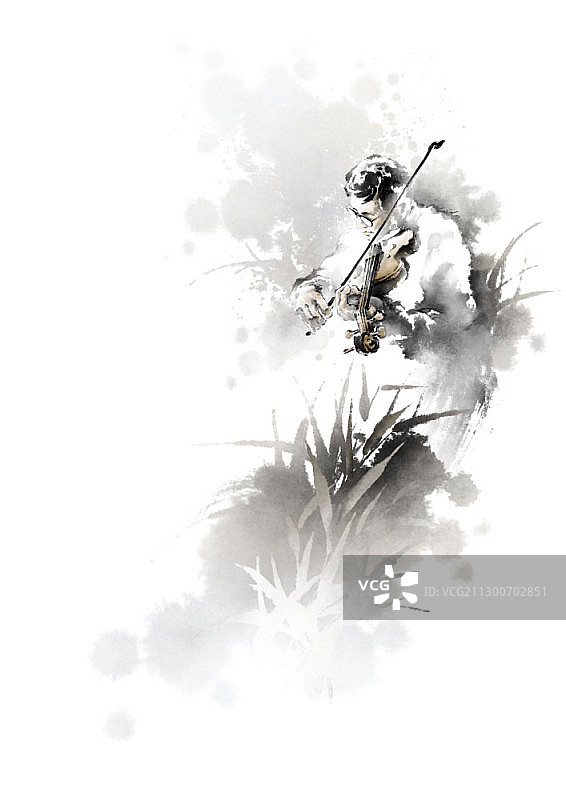 水墨画中的男小提琴家在自然界图片素材