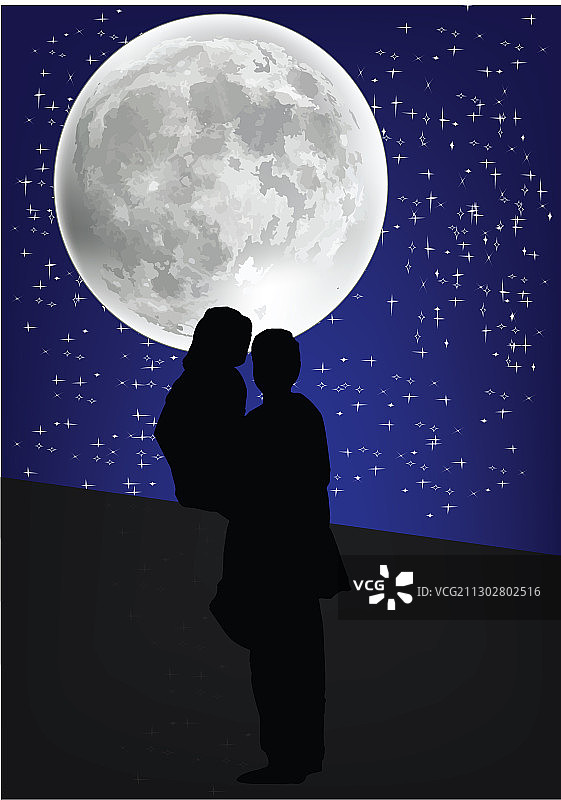 一对情侣在墙上的背景月亮图片素材