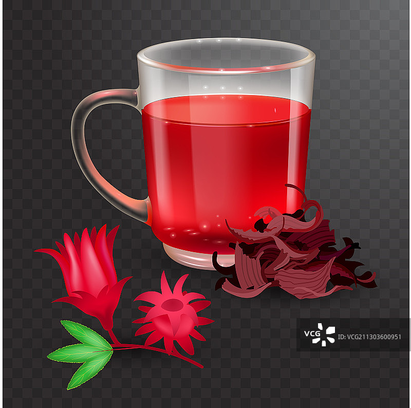 玻璃杯芙蓉茶和玫瑰花苞图片素材