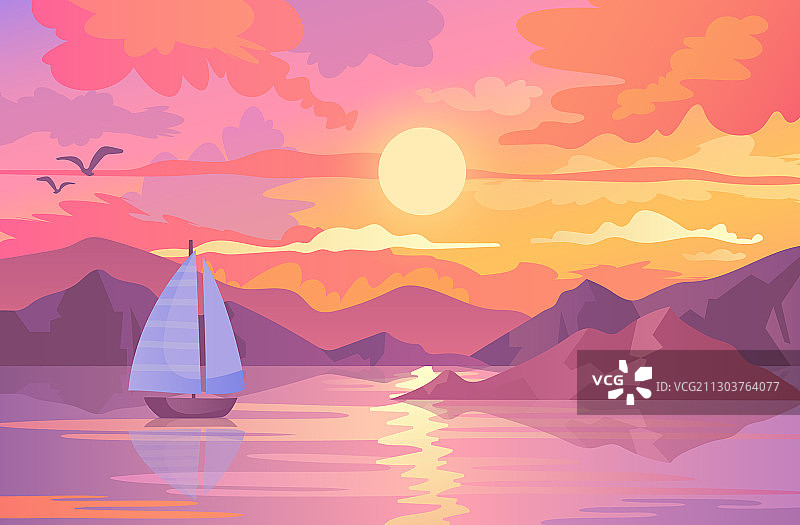 五彩缤纷的日落景象与帆船和鸟类图片素材