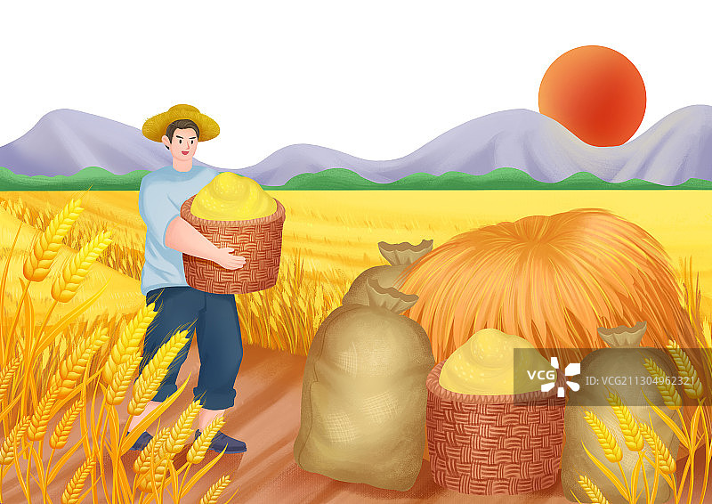 手绘卡通农民勤劳耕作大丰收秋收小麦场景插画图片素材