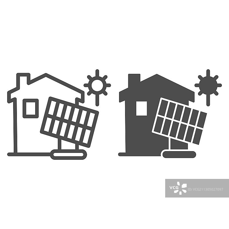 太阳能电池和建筑线和固体图标图片素材