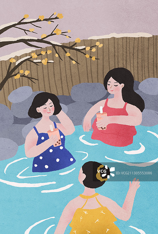 年轻女人在冬天泡温泉喝奶茶的纹理插画图片素材