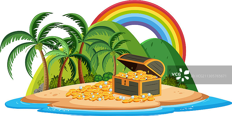 带彩虹的热带岛屿上的宝盒图片素材