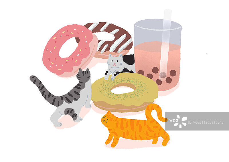 甜甜圈和奶茶以及可爱的猫咪图片素材