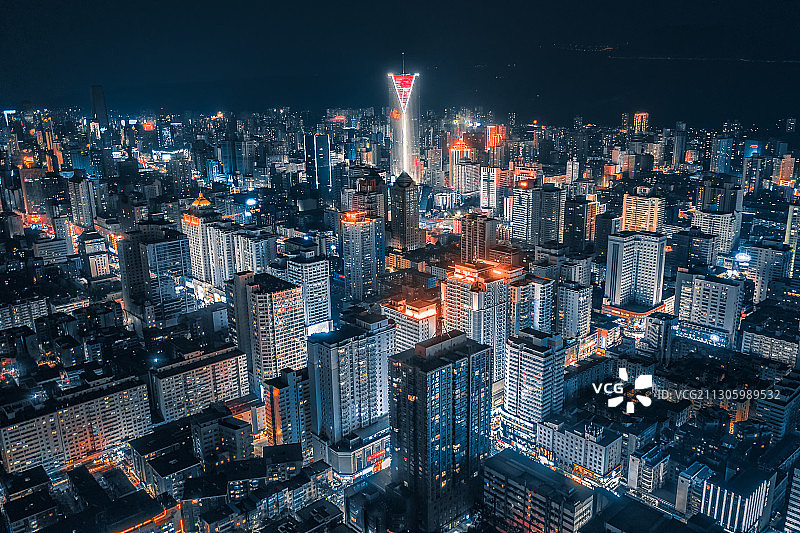 中国甘肃兰州城市建筑夜景航拍图片素材