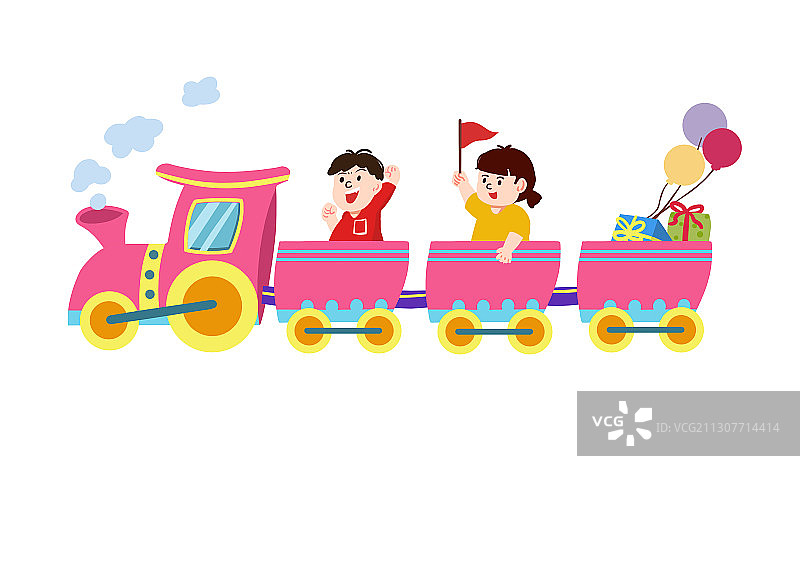 卡通儿童乘坐粉色火车旅行插画图片素材
