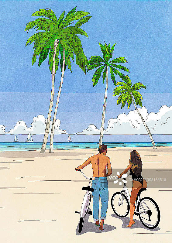 暑期主题插图的夫妇骑自行车在海滩上与扇形棕榈树图片素材