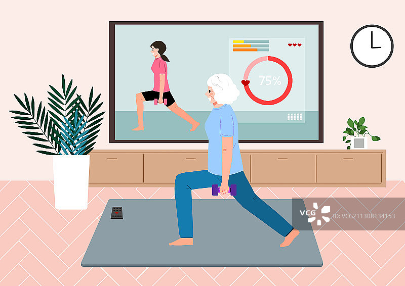 老年生活主题插图老年妇女在垫子上锻炼在家里与电视图片素材