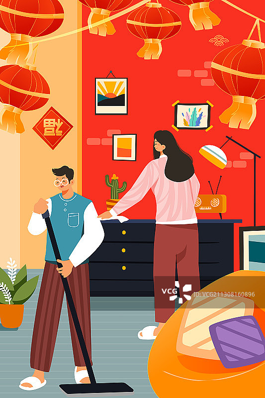 卡通春节新年元旦除夕小年传统节日习俗打扫家居中国风矢量插画图片素材