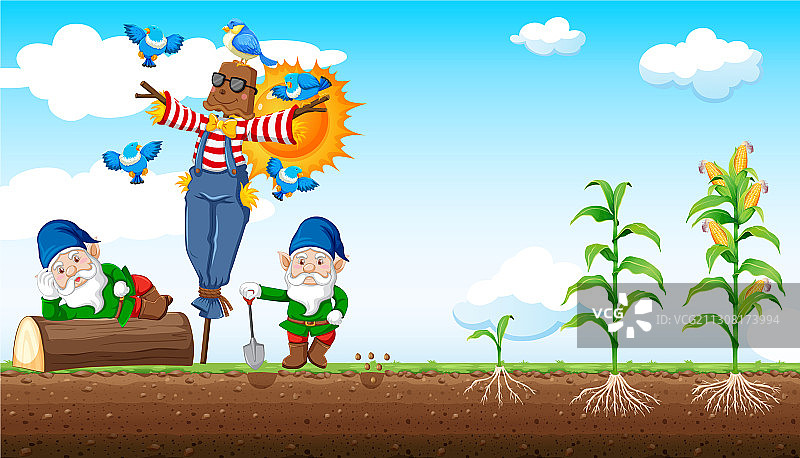 侏儒和稻草人卡通风格的玉米农场图片素材
