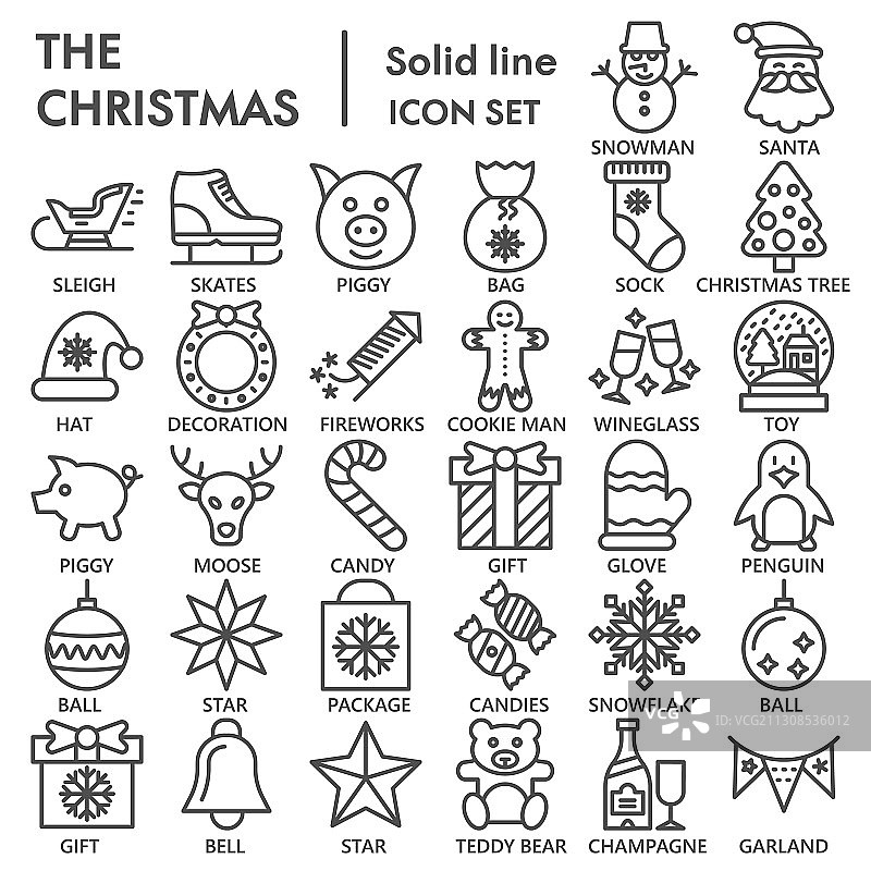 圣诞线图标设置冬季假日符号图片素材
