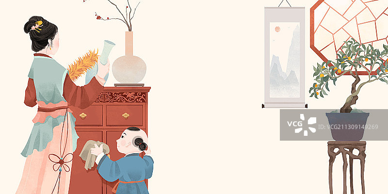 中国古代传统年俗腊月二十四掸尘扫房子插画图片素材