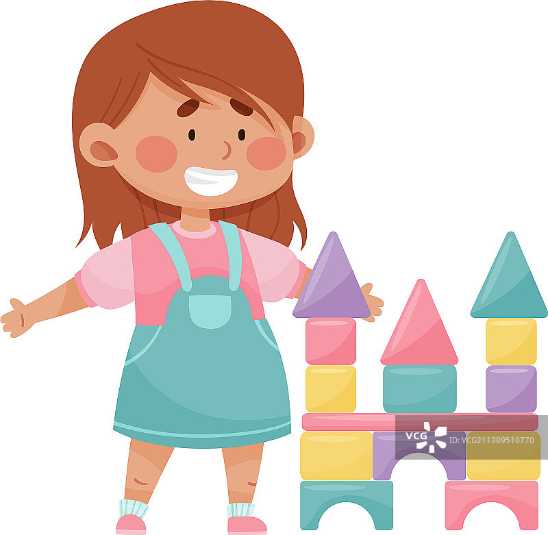 快乐的女孩用塔筑城堡图片素材