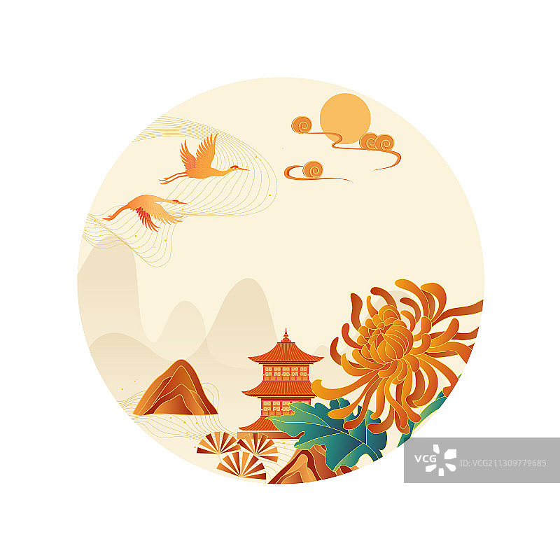 圆形中国风山水仙鹤背景图案，白色背景图片素材