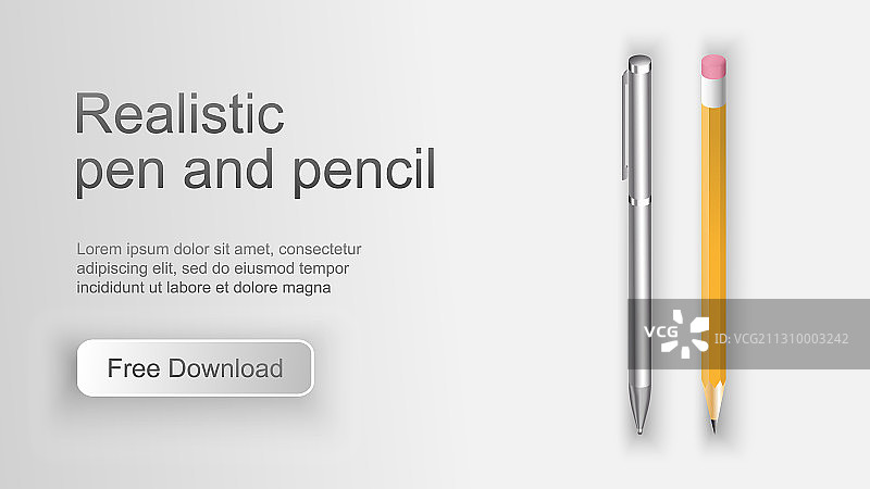 设置逼真的钢笔和铅笔3d图片素材