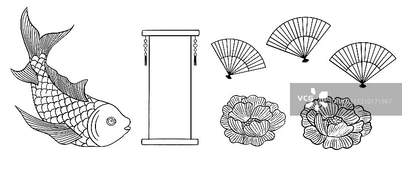 锦鲤牡丹卷轴 中国风元素线条插画图片素材