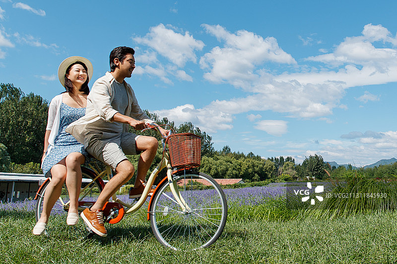 青年夫妇在郊外骑自行车图片素材