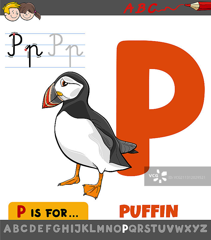 字母p的工作表与卡通海雀图片素材