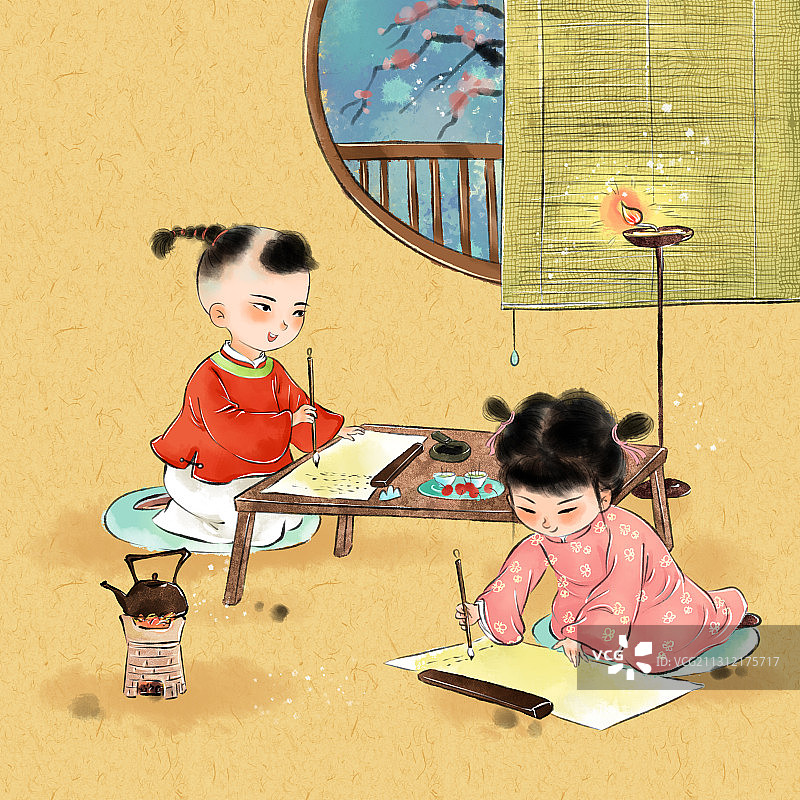 水墨风国学儿童插画系列-稚子学书图片素材