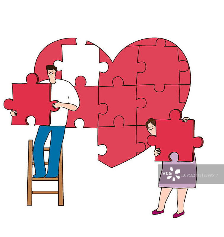 矢量插图的夫妇站在心形拼图看起来幸福图片素材