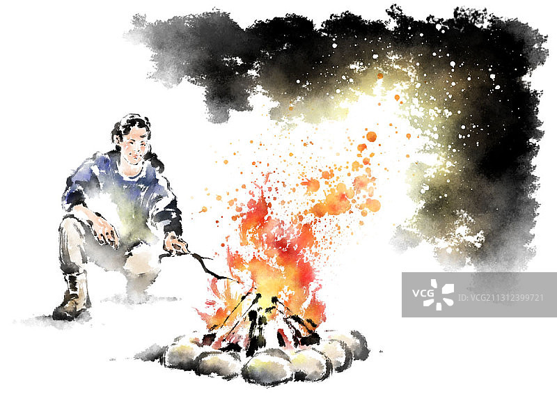 水墨画中的男子坐在篝火旁放树枝图片素材