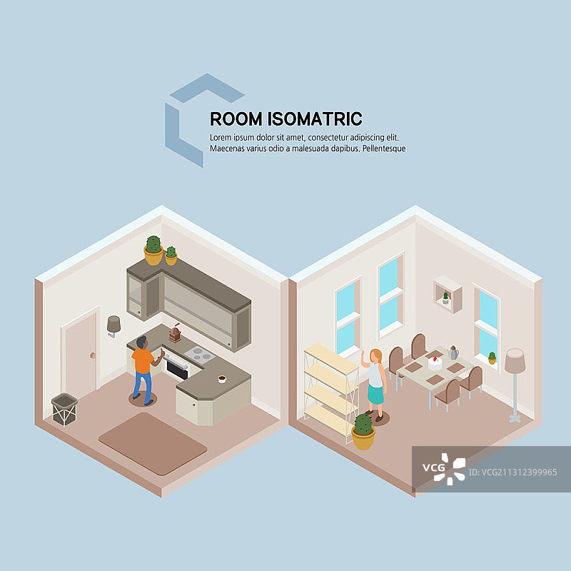 房间等距主题矢量插图两个房间在蓝色的背景图片素材