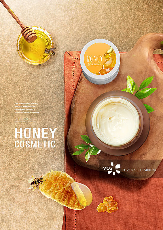 编辑过的皮肤护理产品与蜂蜜旁边的蜂房和蜜蜂图片素材