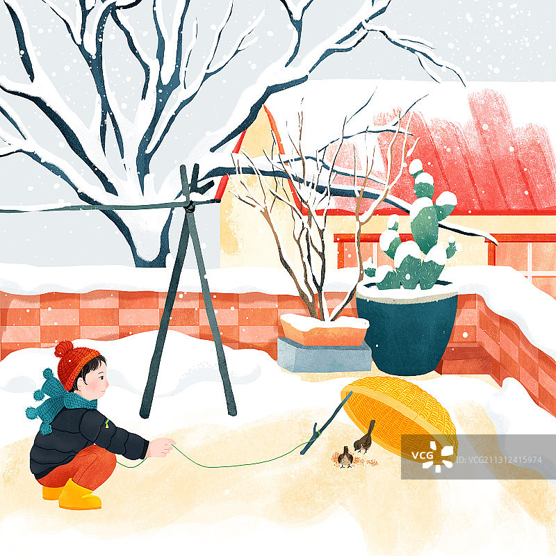 十二月大雪捕雀乡村童趣插画图片素材